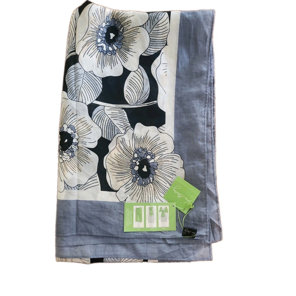 NEW W/TAGS Vera Bradley Cotton 46x75 scarf sarong Black White Blue-Gray Sheer